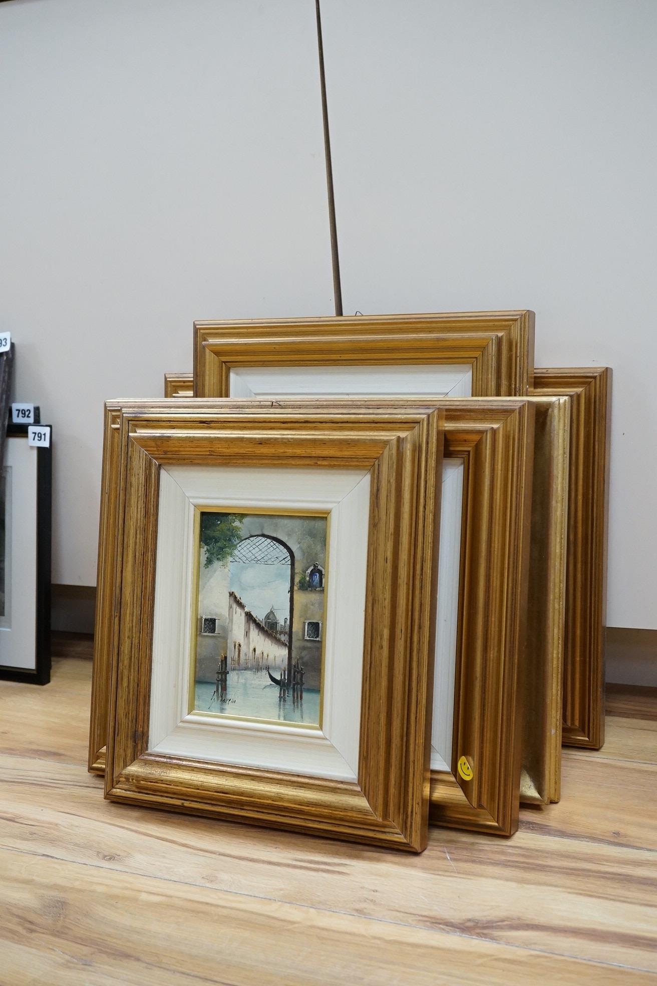 Guido Borelli (Italian, b.1952), set of five oils on board to include ‘Scena Di Villaggio’ and ‘Scorcio Venegiauo’, each signed, some with details verso, largest 17 x 29cm. Condition - fair to good